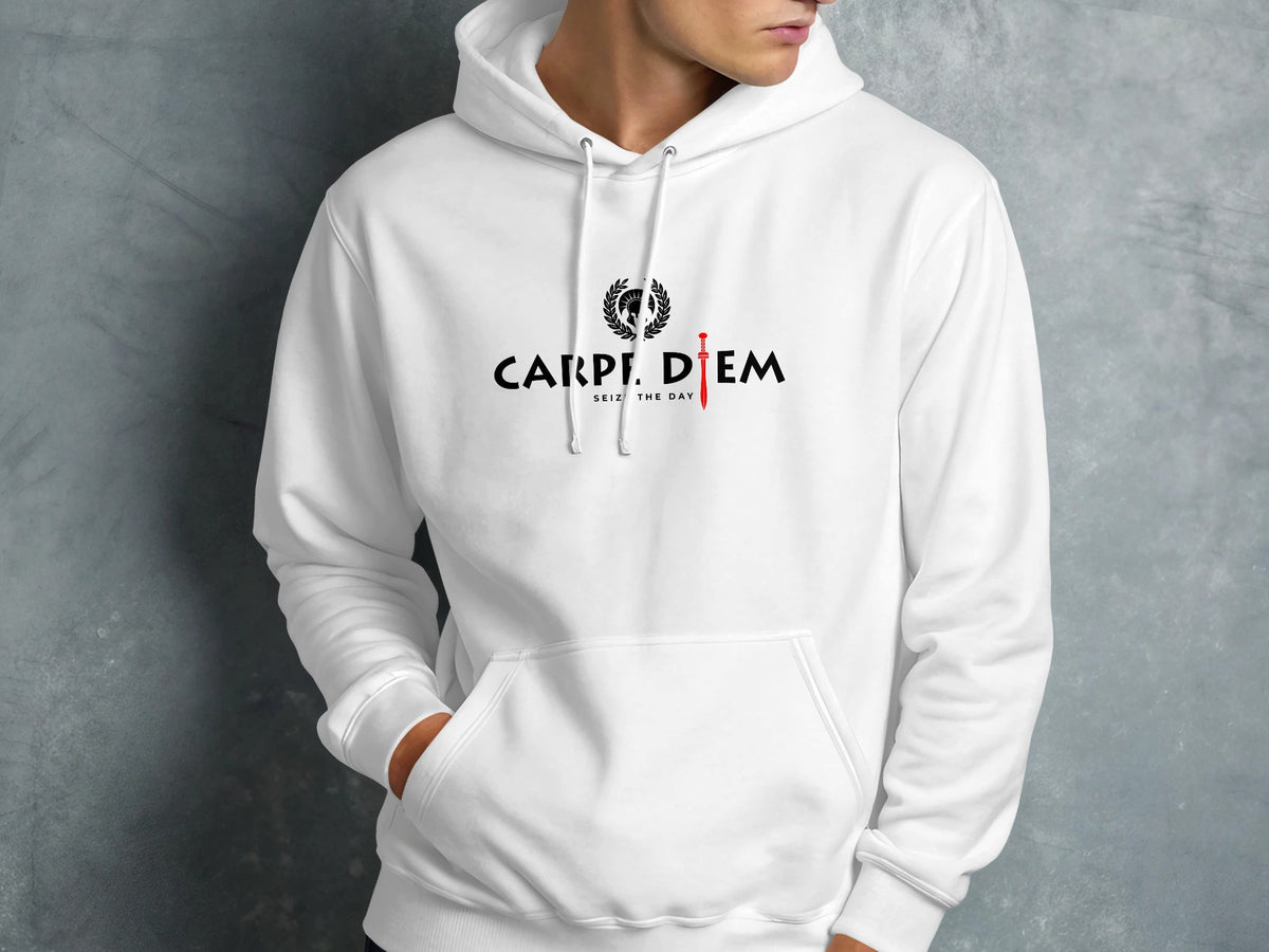 White Seize the Day hoodie featuring a Roman warrior crest, black Carpe Diem lettering, and red gladius chest artwork.