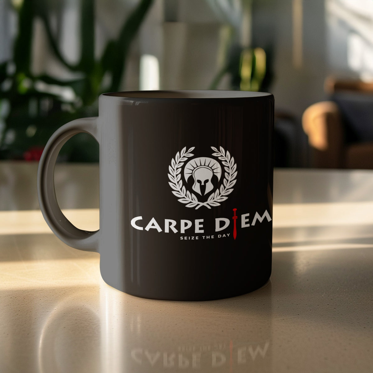 Black 11oz Seize the Day Mug featuring a Roman helmet, laurel wreath, red gladius sword and CARPE DIEM white lettering.
