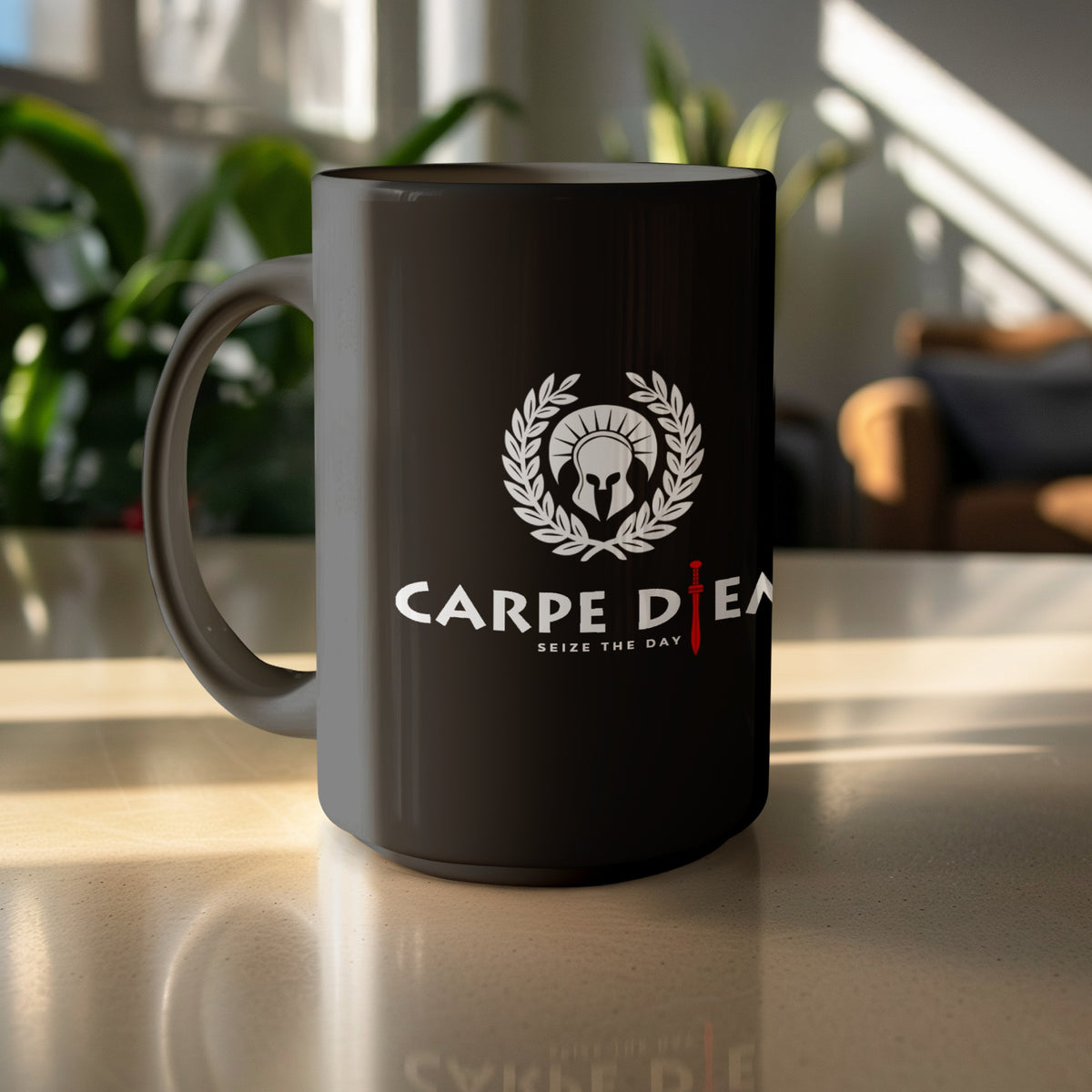 15oz Black Seize the Day Mug with Roman-inspired helmet artwork, laurel wreath, red gladius sword and SEIZE THE DAY white lettering.