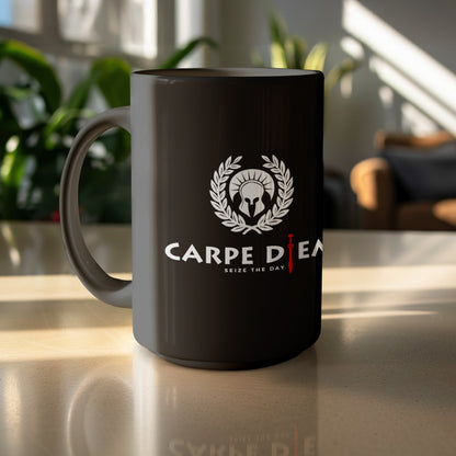 15oz Black Seize the Day Mug with Roman-inspired helmet artwork, laurel wreath, red gladius sword and SEIZE THE DAY white lettering.