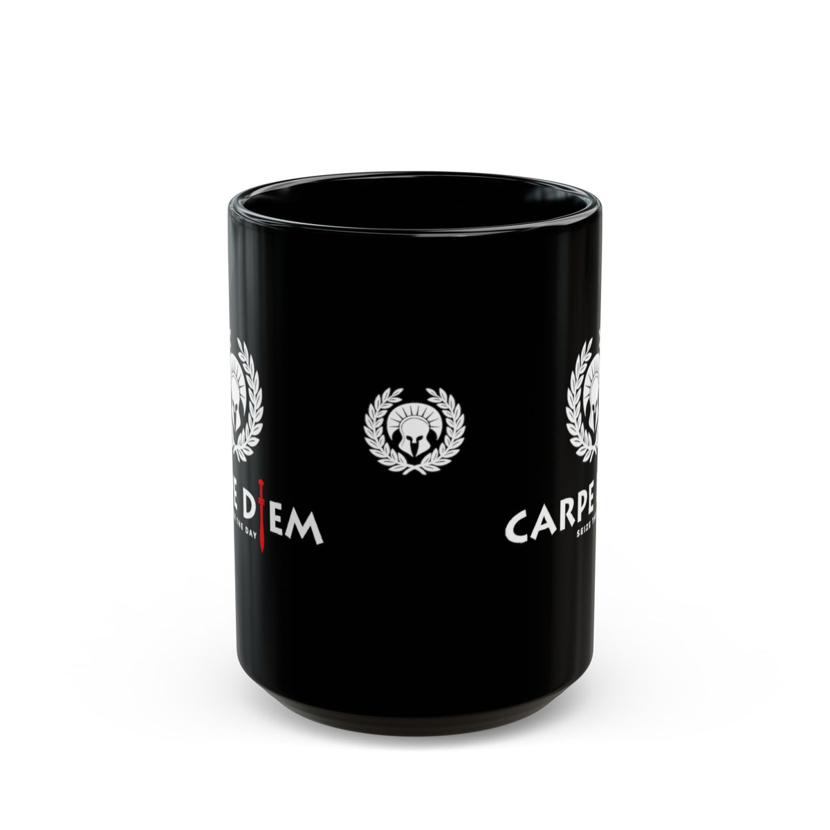 Black 15oz ceramic Seize the Day Mug showing the smaller Roman helmet and laurel emblem on the rounded side opposite the handle.