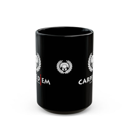 Black 15oz ceramic Seize the Day Mug showing the smaller Roman helmet and laurel emblem on the rounded side opposite the handle.