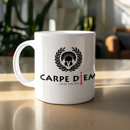 White 11oz ceramic Seize the Day Mug with a Roman helmet emblem, laurel wreath, red gladius and bold CARPE DIEM black text.