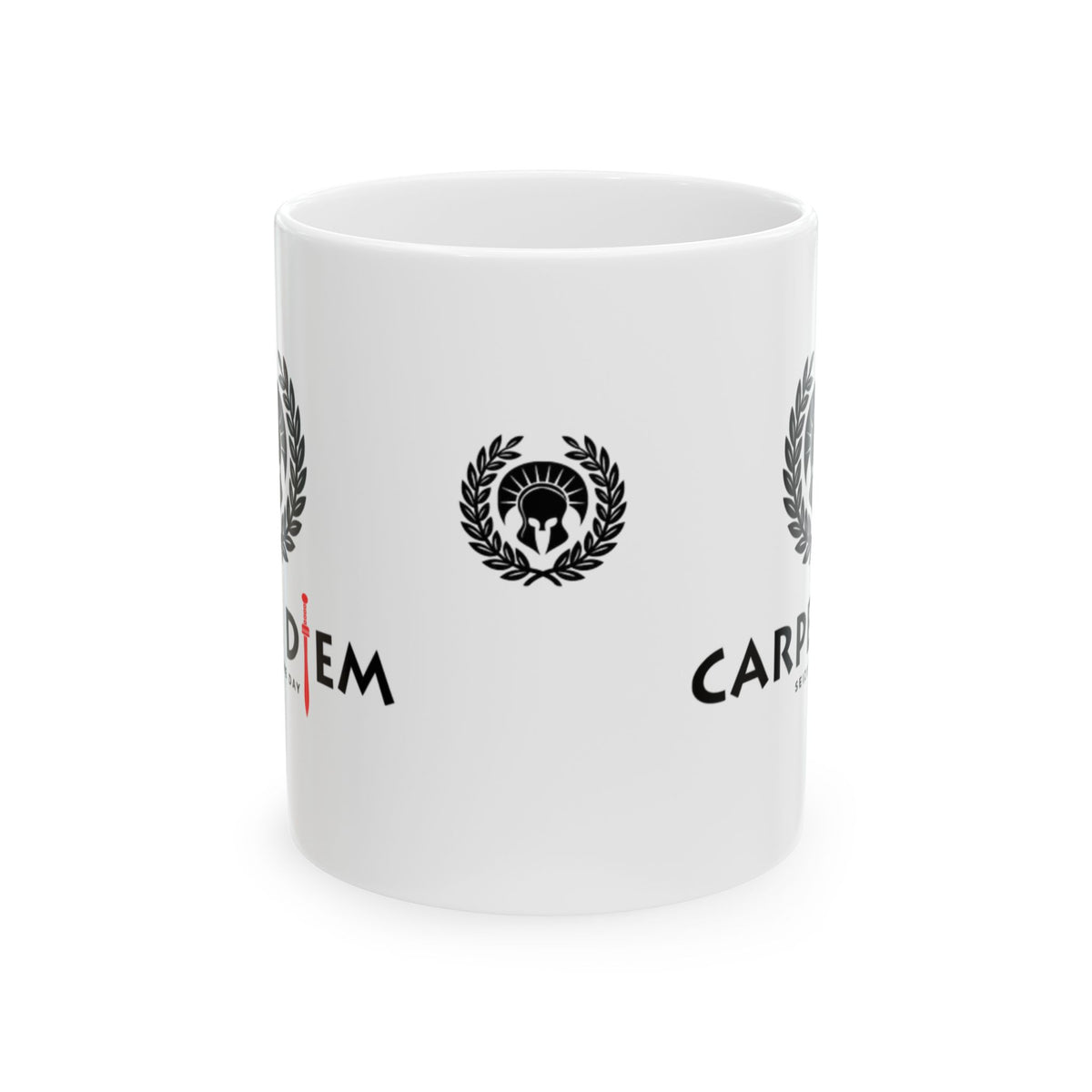 White 11oz coffee mug showing the smaller Roman helmet and laurel emblem printed on the rounded side opposite the handle.