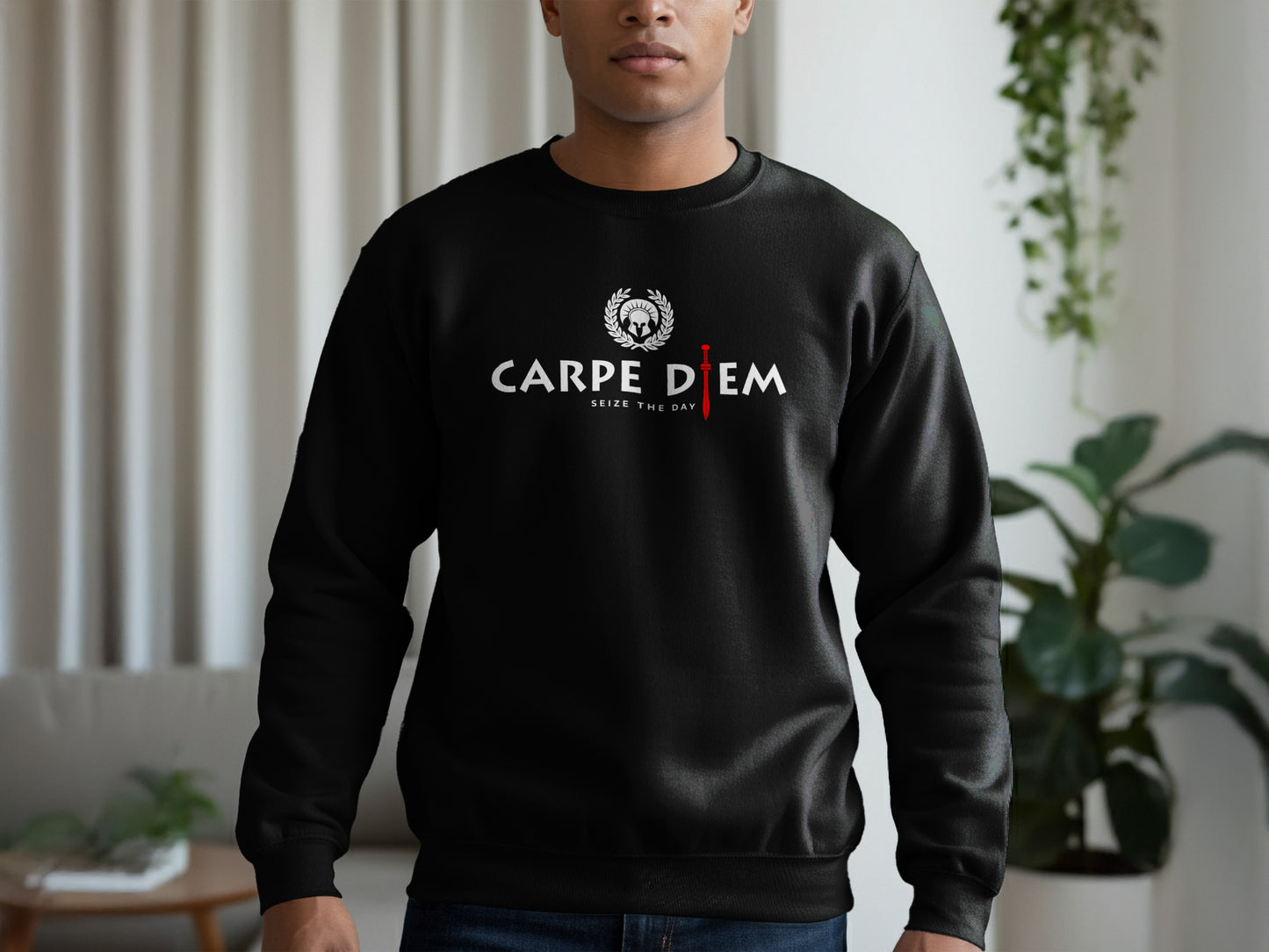 Seize the Day black sweatshirt with soft fleece, relaxed fit, and motivational design for cozy everyday wear.