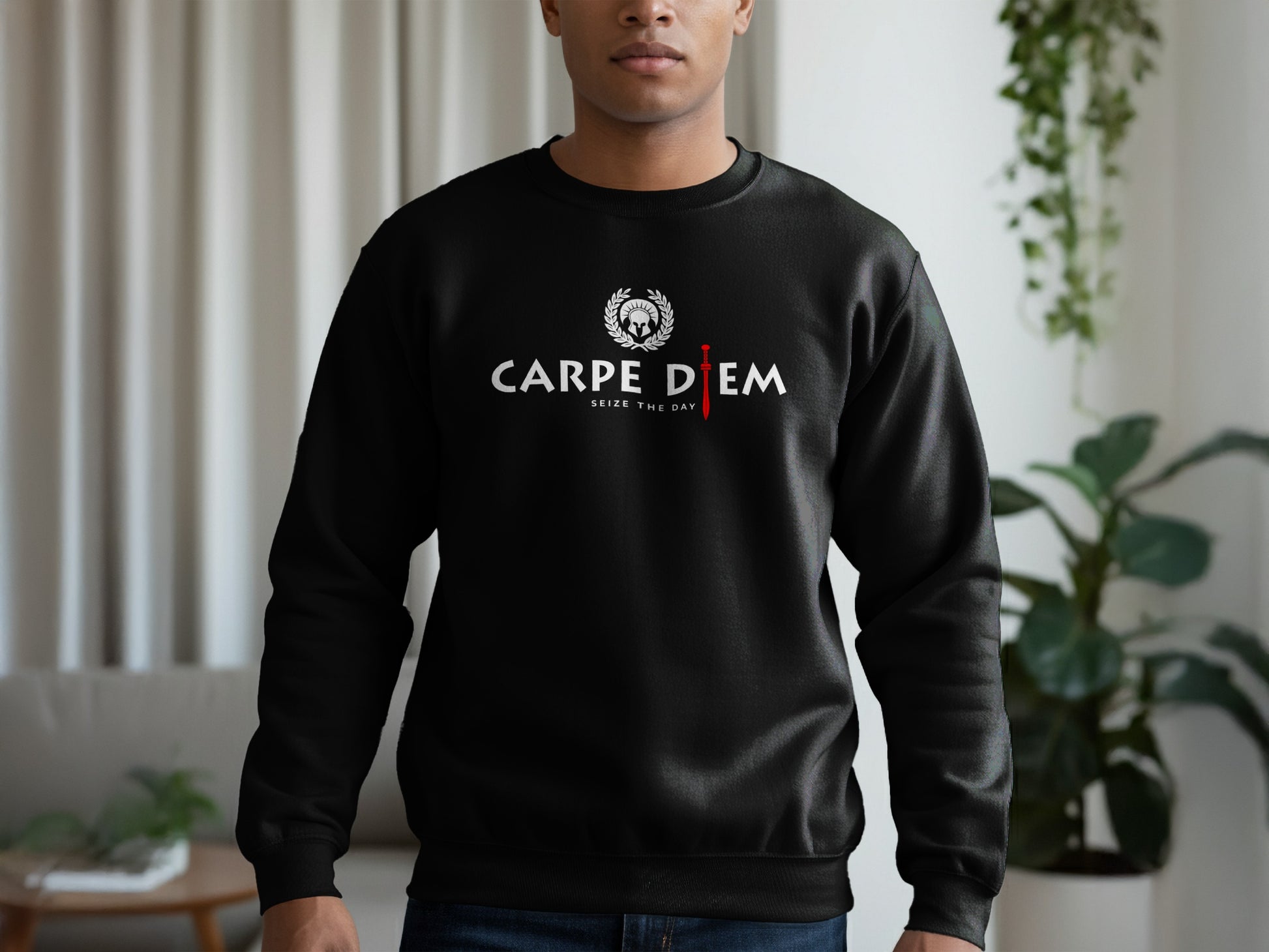 Seize the Day black sweatshirt with soft fleece, relaxed fit, and motivational design for cozy everyday wear.