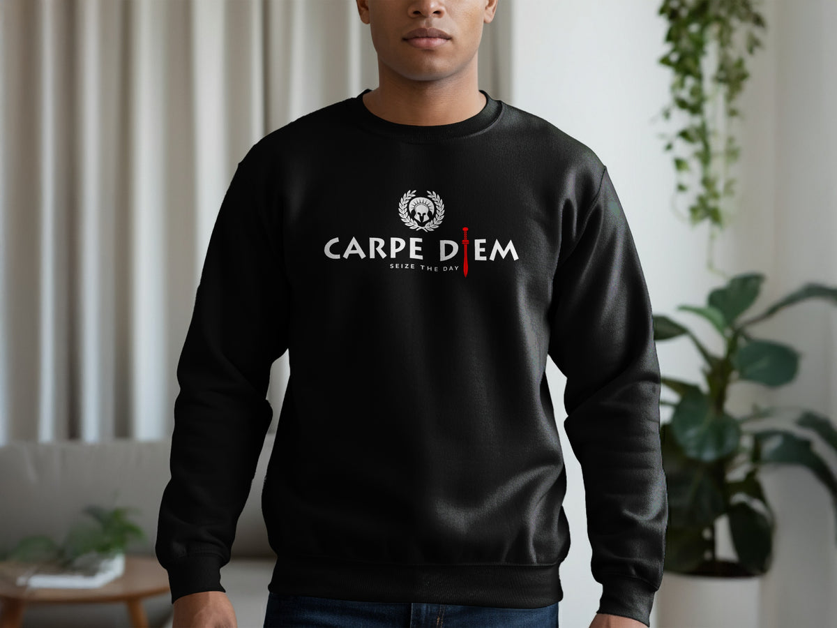 Black Seize the Day Sweatshirt with Corinthian helmet crest, laurel wreath, and Carpe Diem white lettering.