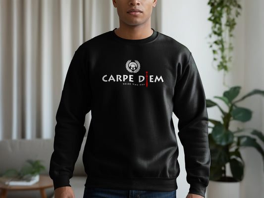 Seize the Day black sweatshirt with soft fleece, relaxed fit, and motivational design for cozy everyday wear.