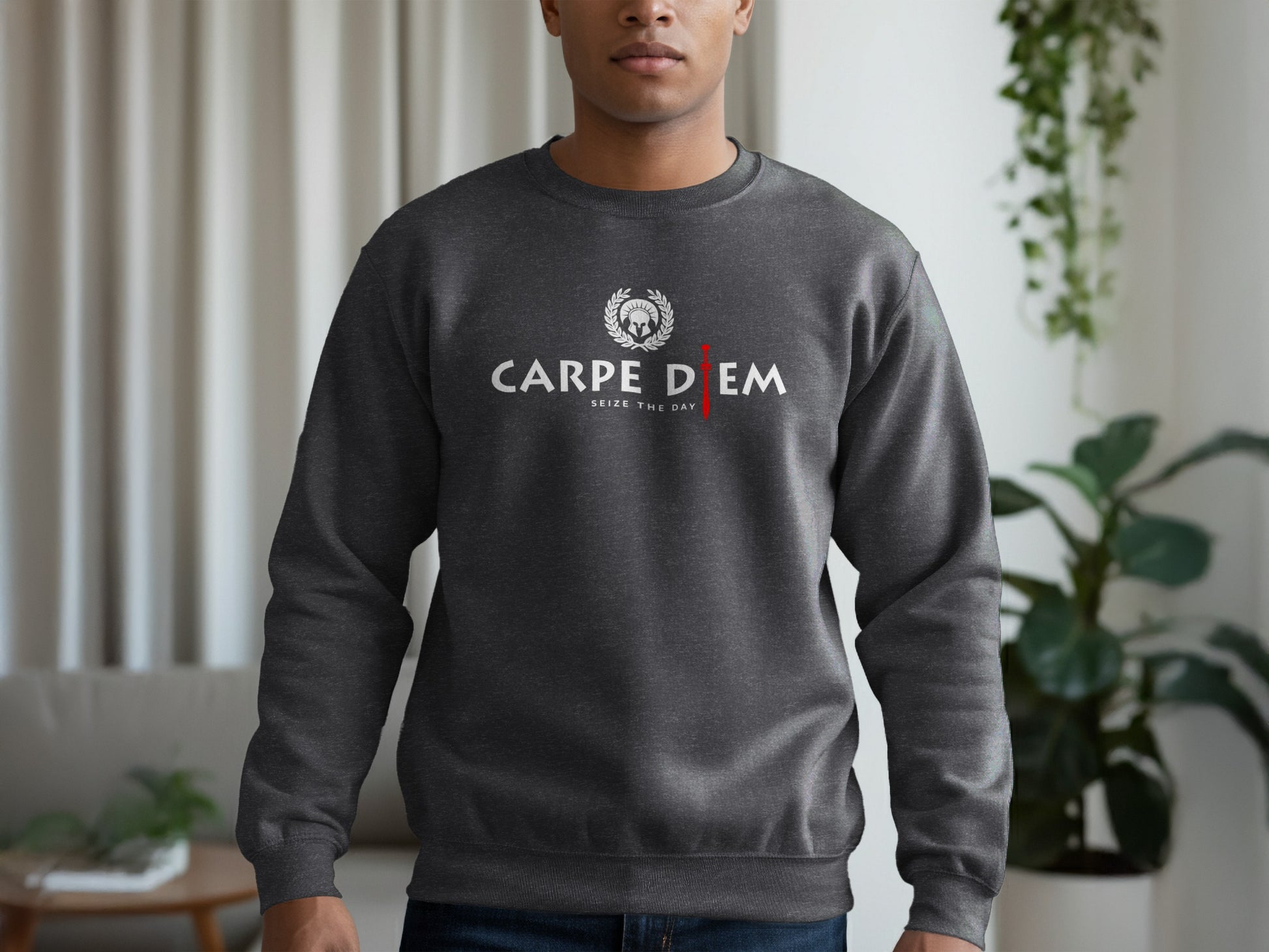 Seize the Day dark heather sweatshirt with ribbed cuffs, soft interior, and relaxed unisex fit for effortless warmth.
