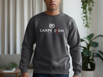 Seize the Day dark heather sweatshirt with ribbed cuffs, soft interior, and relaxed unisex fit for effortless warmth.