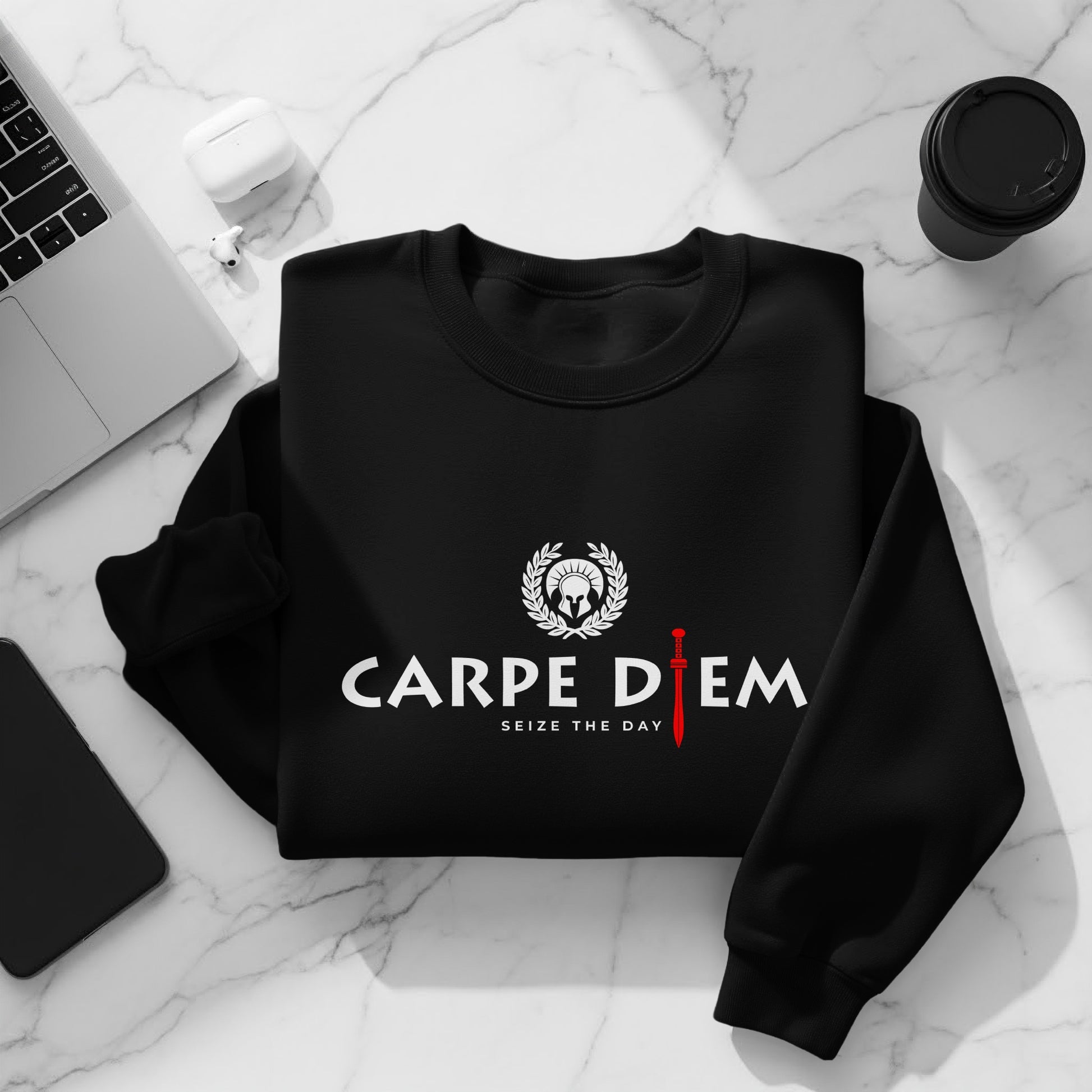 Seize the Day black sweatshirt folded to show fabric texture, ribbed details, and motivational pullover design