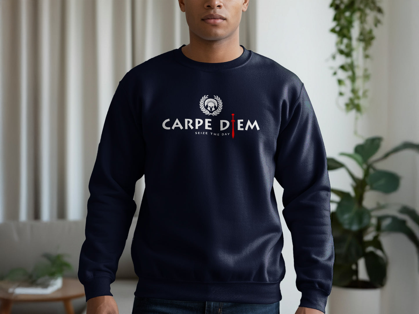 Seize the Day navy pullover sweatshirt featuring mid-weight fabric, comfortable fit, and uplifting graphic for casual style.