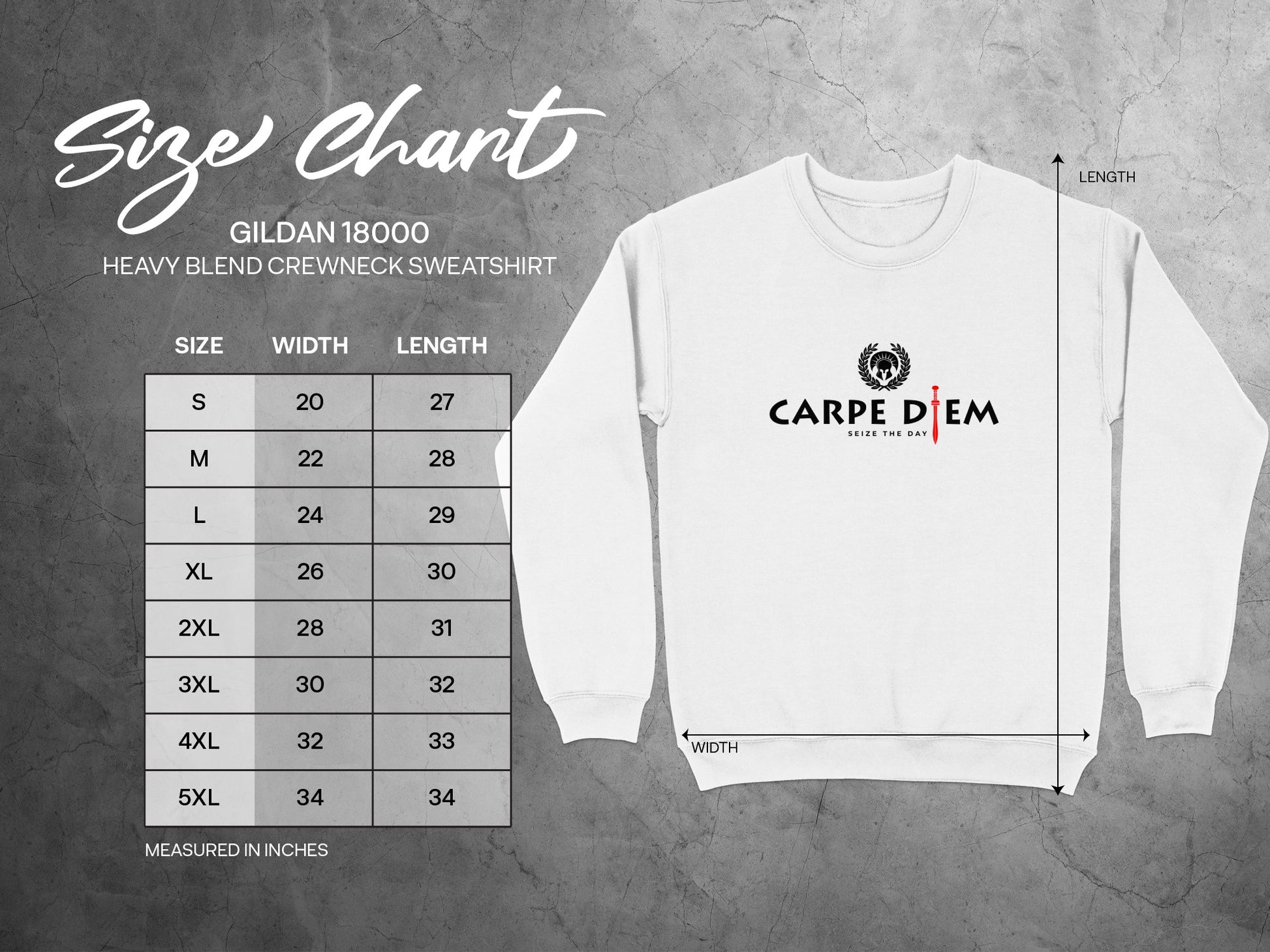 Seize the Day sweatshirt size chart showing chest, length, and sleeve measurements for accurate, confident sizing.