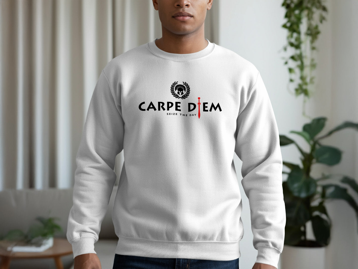 Seize the Day white sweatshirt with soft fleece, relaxed fit, and motivational graphic for comfortable everyday style.