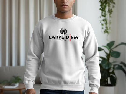 Seize the Day white sweatshirt with soft fleece, relaxed fit, and motivational graphic for comfortable everyday style.