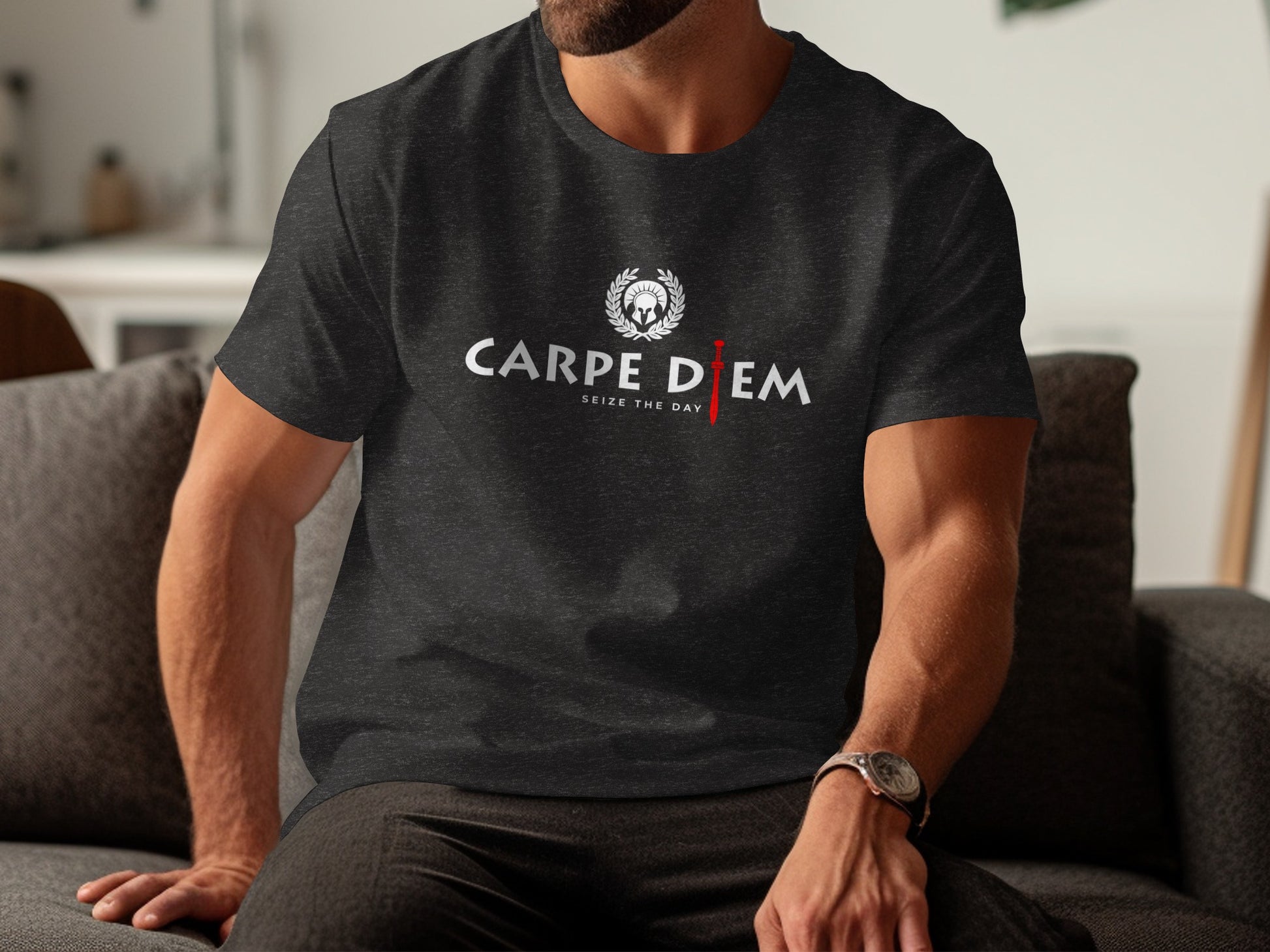 Seize the Day dark heather grey t-shirt with lightweight cotton, comfortable fit, and everyday inspirational design.