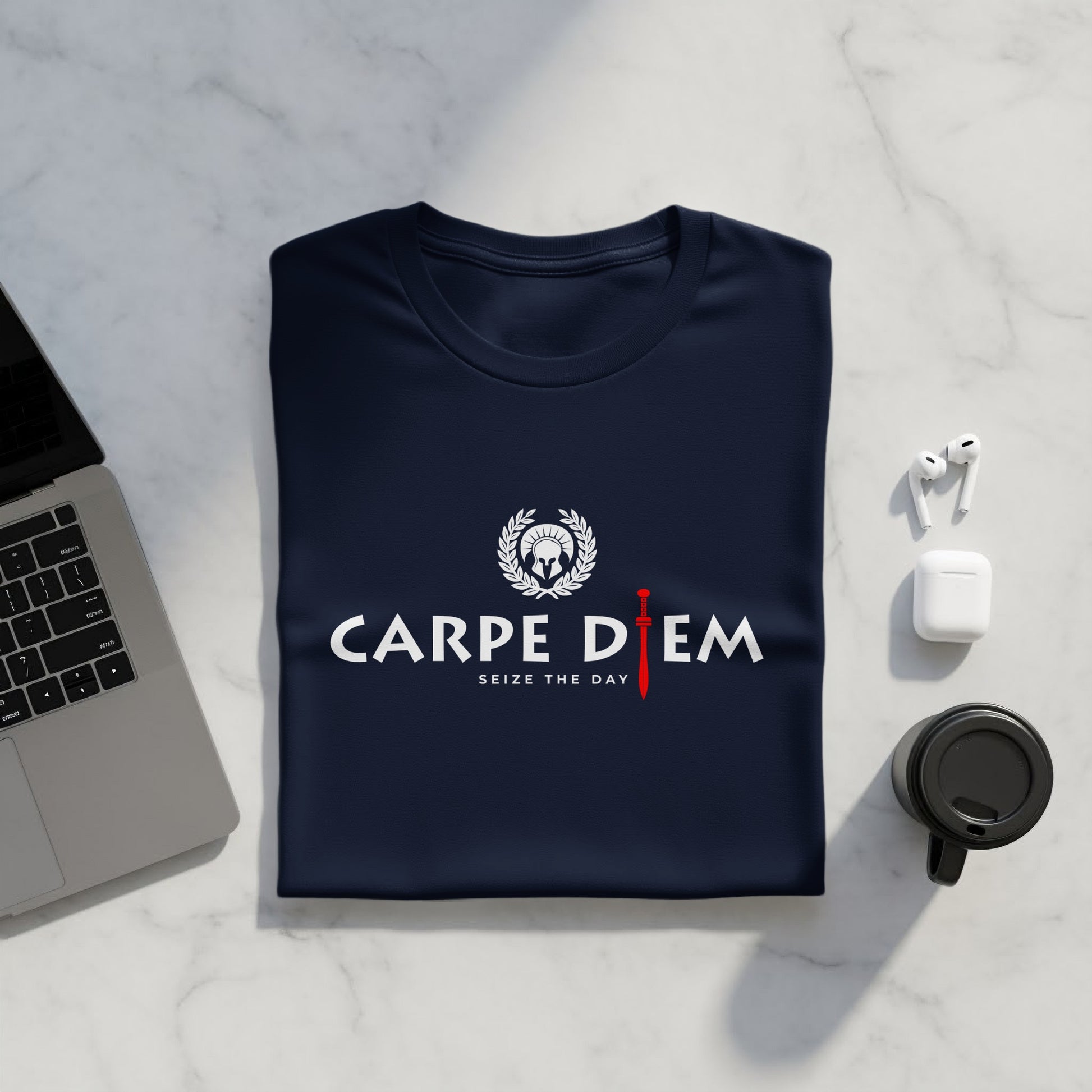 Seize the Day t-shirt folded to display fabric texture, relaxed fit, and motivational graphic design.