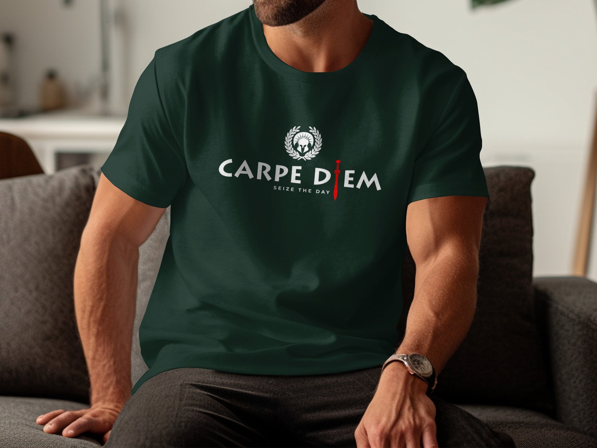 Forest green Seize the Day graphic t‑shirt with Roman‑style helmet badge, laurel wreath, and red gladius sword detail.