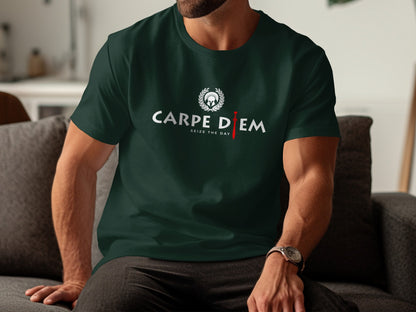 Forest green Seize the Day graphic t‑shirt with Roman‑style helmet badge, laurel wreath, and red gladius sword detail.