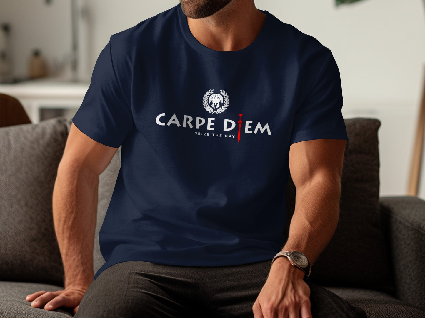 Seize the Day navy t-shirt with comfortable cotton, modern unisex fit, and uplifting message for versatile styling.