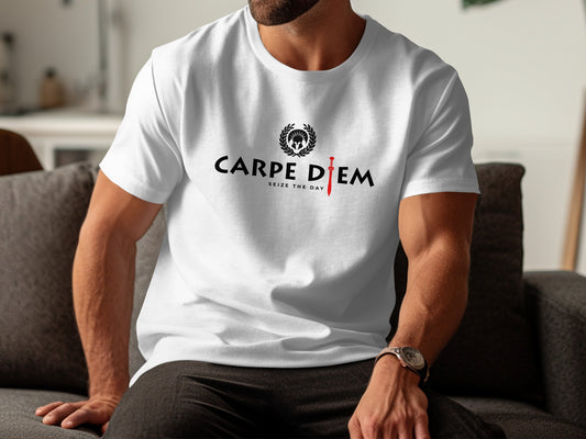 Seize the Day white t-shirt with soft cotton fabric, relaxed fit, and motivational design for everyday casual style.