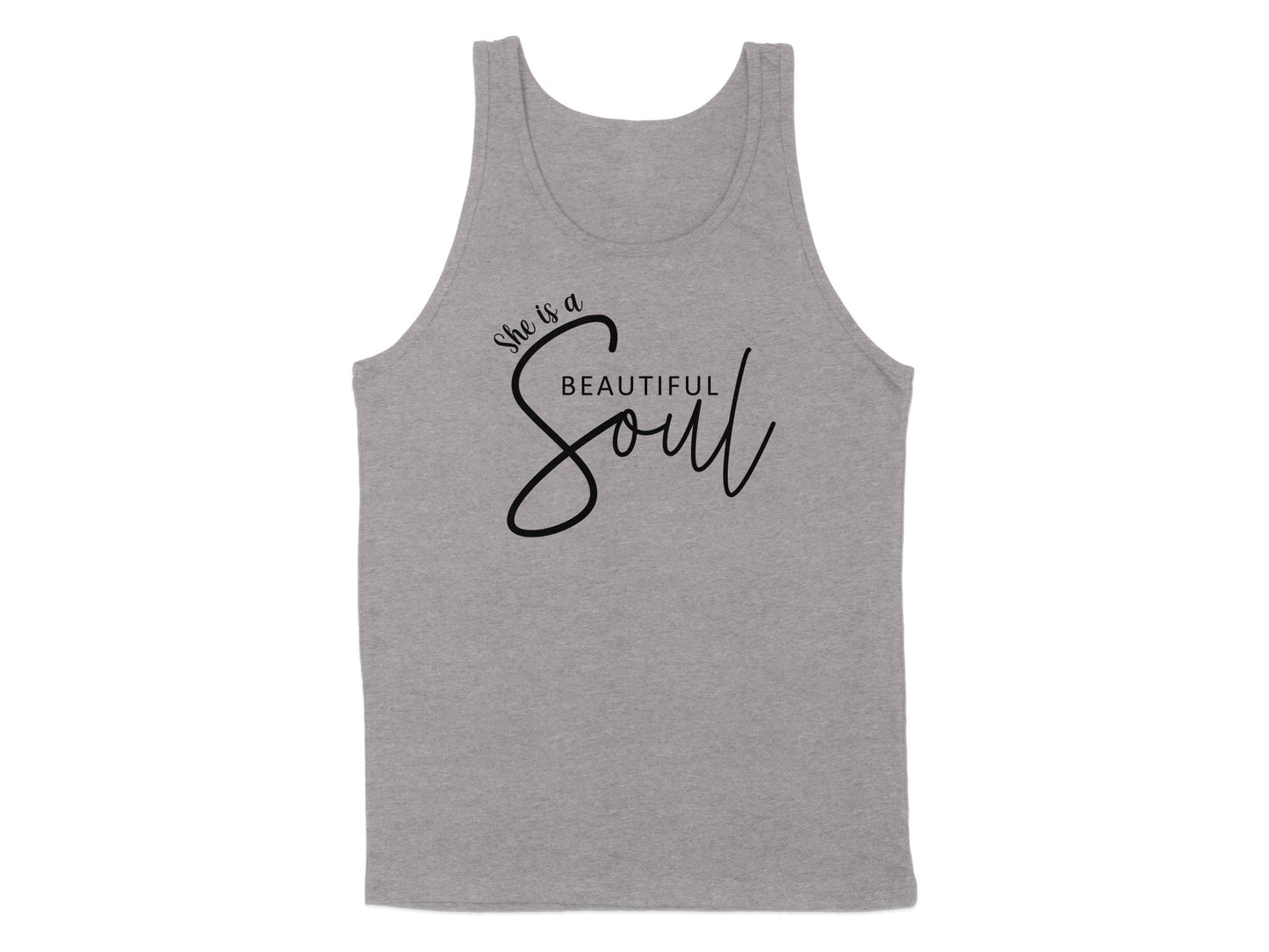 Athletic Heather She is a Beautiful Soul tank top with elegant mixed typography and oversized calligraphic Soul lettering.