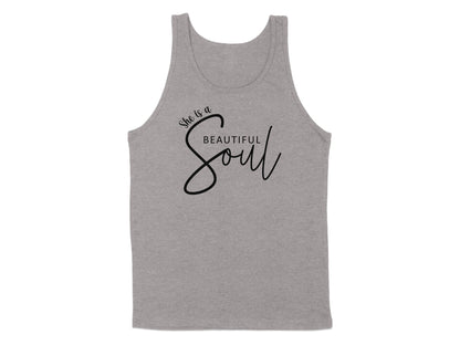 Athletic Heather She is a Beautiful Soul tank top with elegant mixed typography and oversized calligraphic Soul lettering.