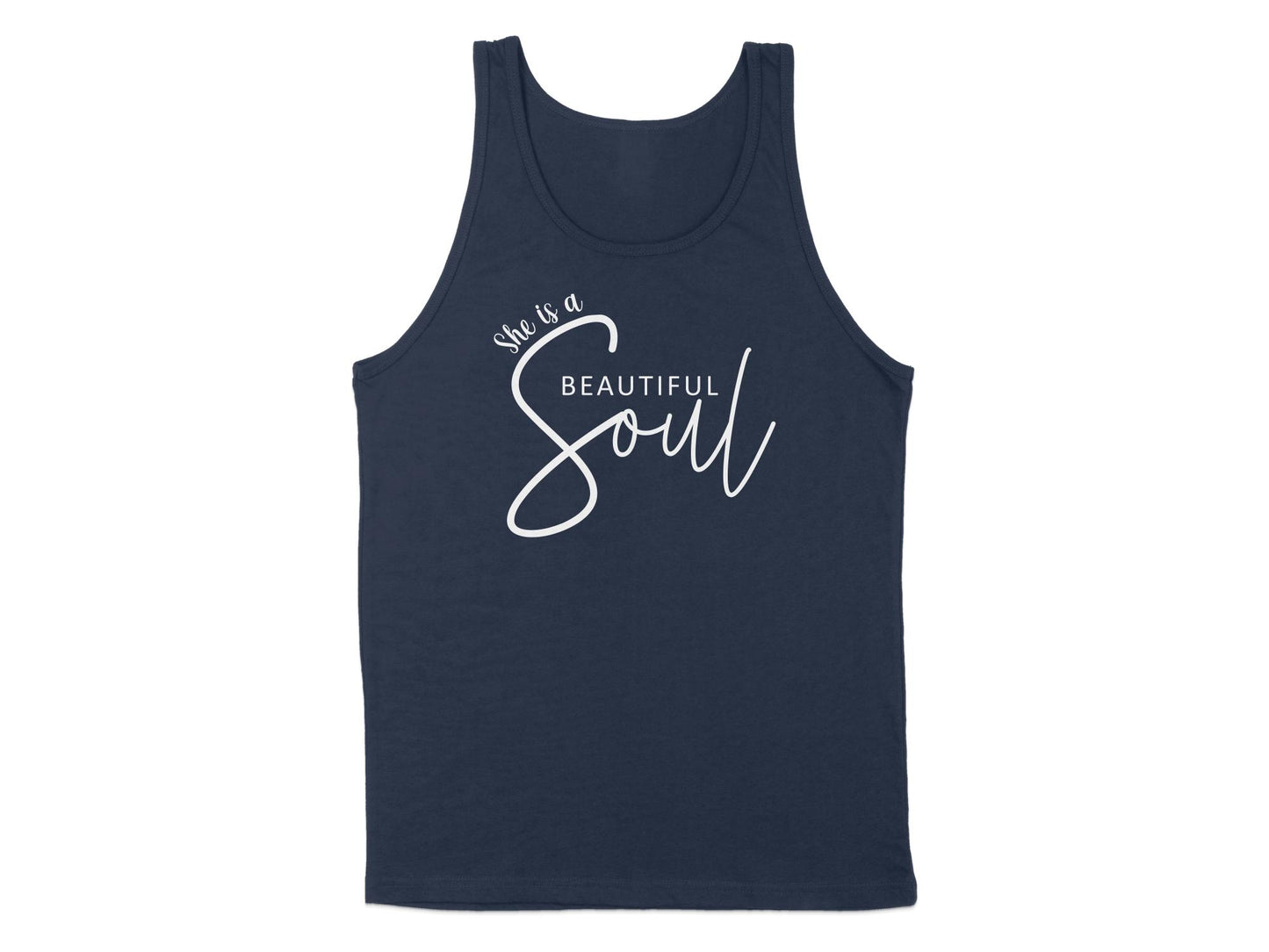Navy She is a Beautiful Soul Tank Top, sleeveless, scoop neck, featuring a graphic that honours the beauty of the soul.