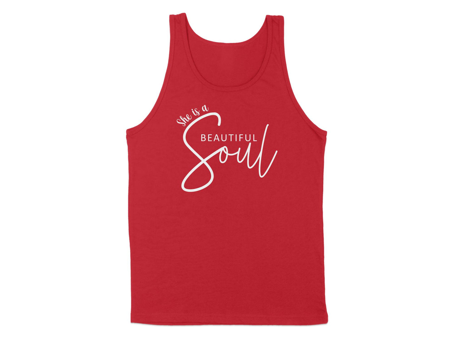 Red She is a Beautiful Soul Tank Top, sleeveless, scoop neck, with a bold graphic expressing the beauty of the soul.