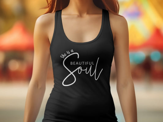 She is a Beautiful Soul Tank Top, sleeveless, scoop neck, with a powerful graphic symbolizing beauty and positivity.