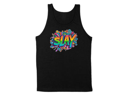 Black Slay Tank Top, sleeveless, scoop neck, with a bold graphic that empowers, excites, and motivates.