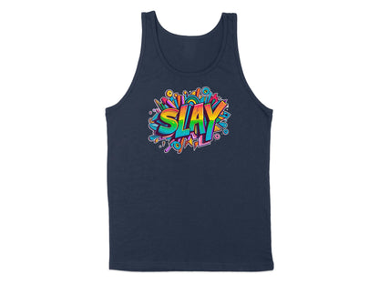 Navy Slay Tank Top, sleeveless, scoop neck, featuring a strong graphic to inspire confidence and strength.