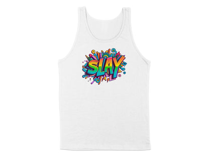 White Slay Tank Top, sleeveless, scoop neck, with a fierce graphic symbolizing empowerment, motivation, and self-confidence.