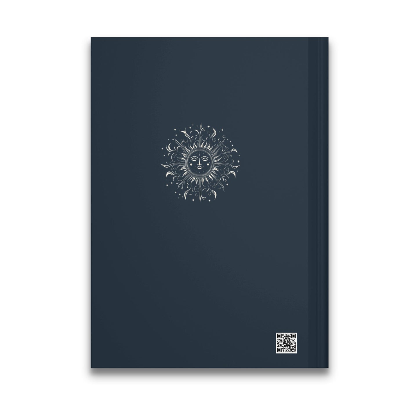 Smiling Sun Journal back cover featuring a celestial sun medallion in silver line art on deep navy.