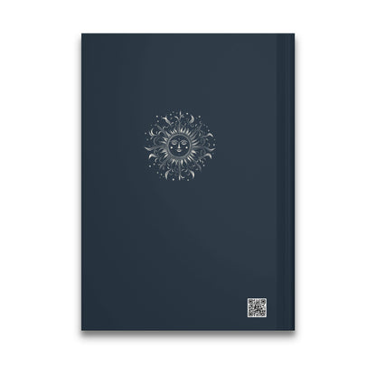 Smiling Sun Journal back cover featuring a celestial sun medallion in silver line art on deep navy.