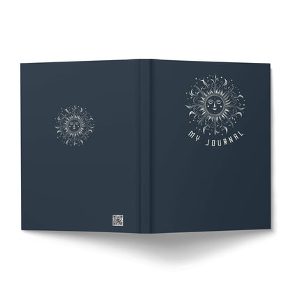 Smiling Sun Journal displaying ornate sun face artwork with coordinating celestial medallion back cover.