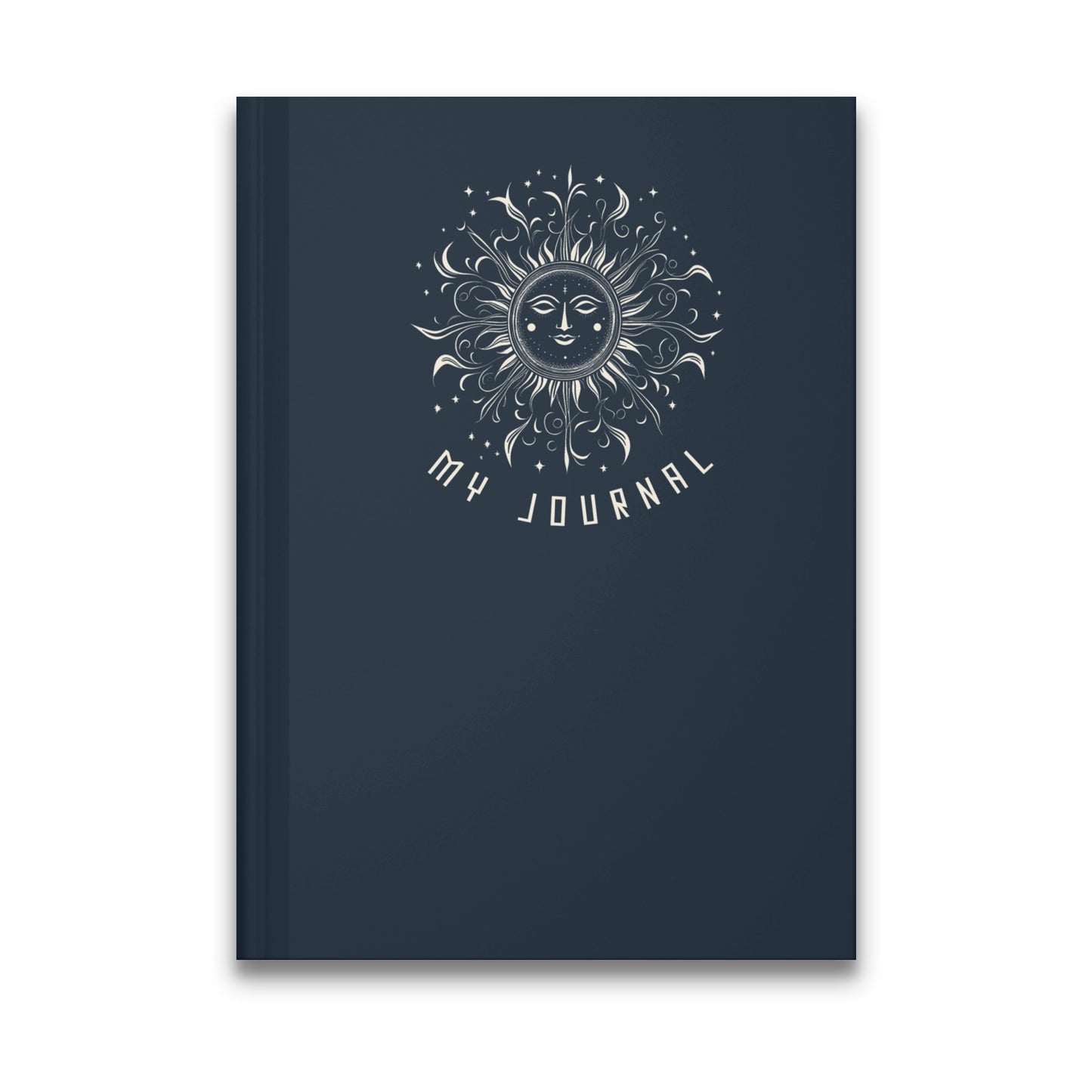 Smiling Sun Journal featuring an ornate celestial sun face with flame rays, stars, and silver line art on navy.