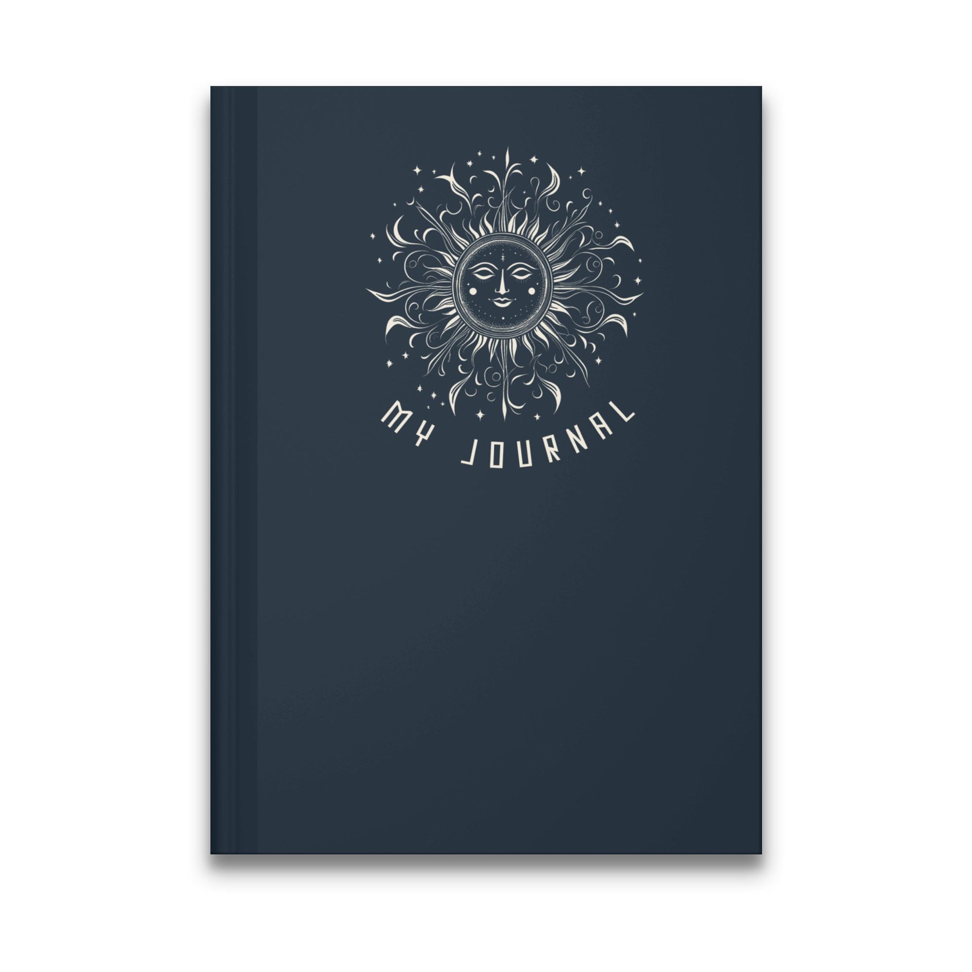 Smiling Sun Journal featuring an ornate celestial sun face with flame rays, stars, and silver line art on navy.
