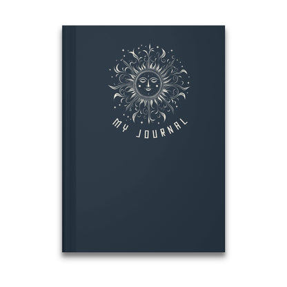 Smiling Sun Journal featuring an ornate celestial sun face with flame rays, stars, and silver line art on navy.