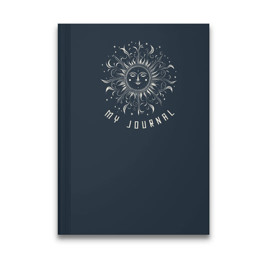 Smiling Sun Journal featuring an ornate celestial sun face with flame rays, stars, and silver line art on navy.