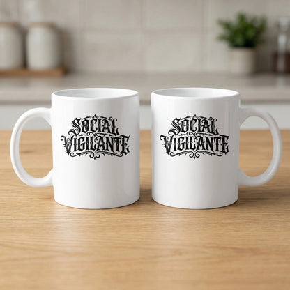 Social Vigilante Coffee Mug showing front and reverse views with matching Victorian blackletter artwork.