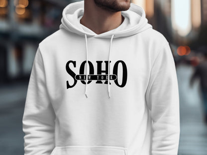 White Soho New York Hoodie showcasing modern minimalist streetwear style, long sleeves, and unisex everyday fit.