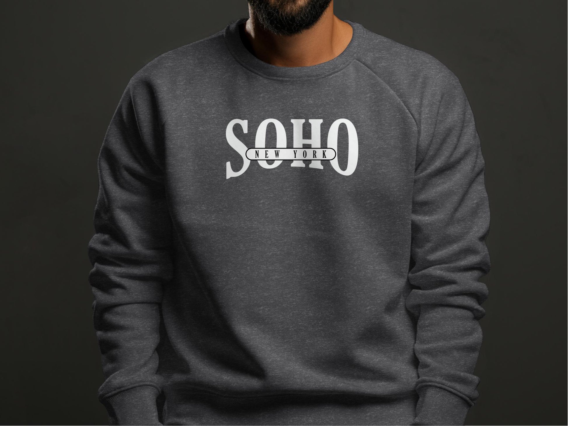 Dark heather Soho New York Sweatshirt with high-contrast white Soho serif typography and central banner design.
