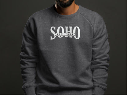 Dark heather Soho New York Sweatshirt with high-contrast white Soho serif typography and central banner design.