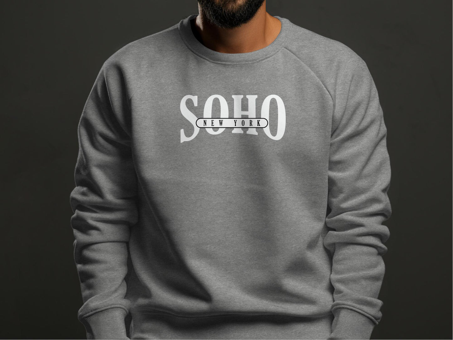 Graphite heather Soho New York Sweatshirt with minimalist Soho typography and white horizontal banner graphic centre-chest.
