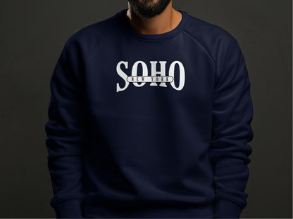 Navy Soho New York Sweatshirt with cotton blend fabric, crew neck, seamless body, and relaxed unisex fit for casual wear.