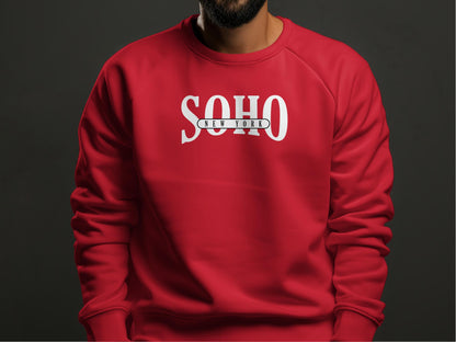Red Soho New York Sweatshirt, featuring cotton blend fabric, crew neck, seamless body, and relaxed unisex fit