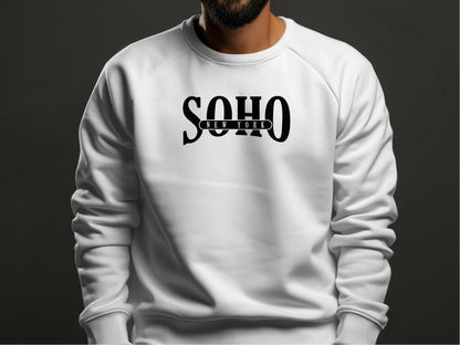 White Soho New York Sweatshirt with crew neck, cotton blend fabric, seamless body, and relaxed unisex fit for layering.