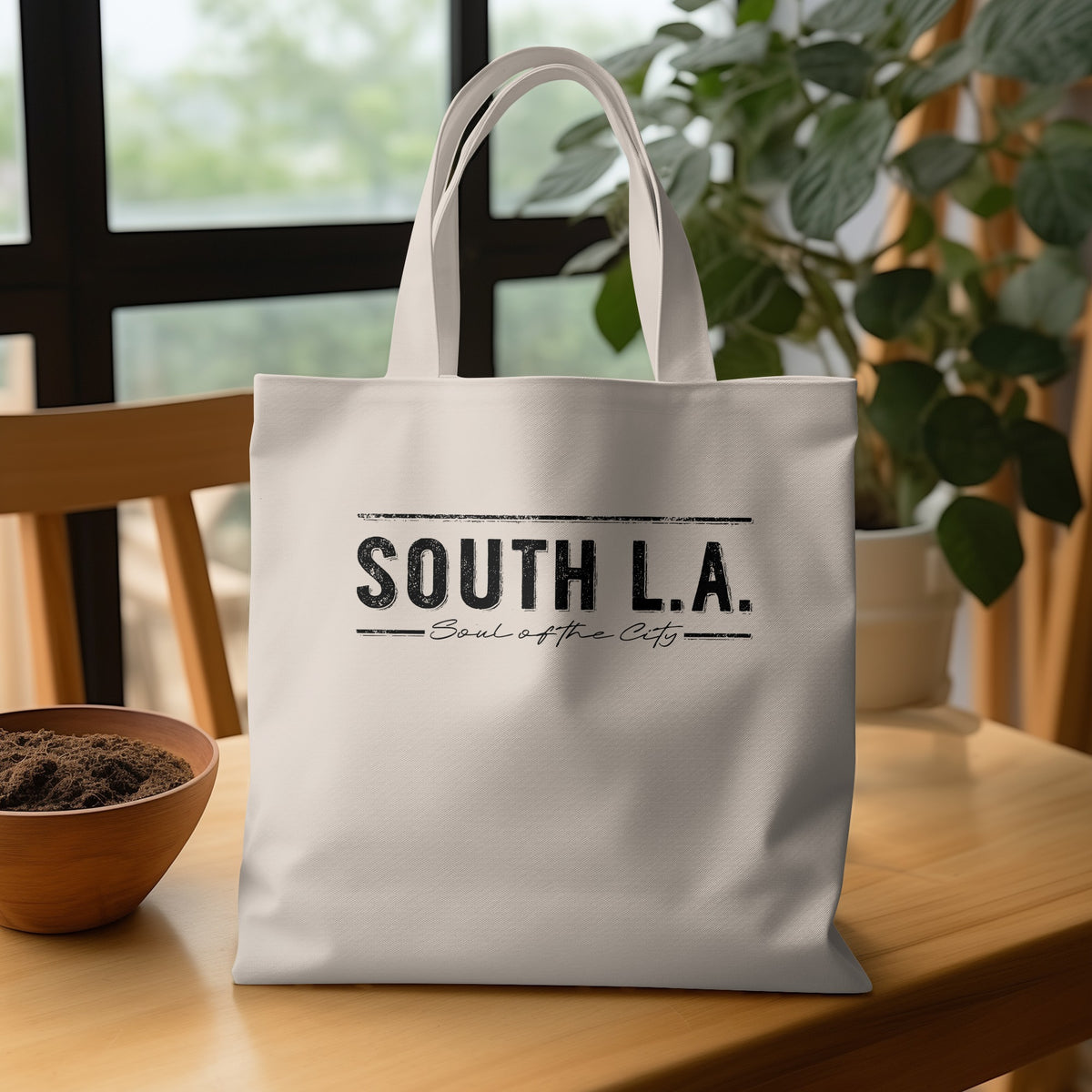Double-sided South L.A. canvas tote bag displaying its minimalist black typography design on natural fabric with dual handles.