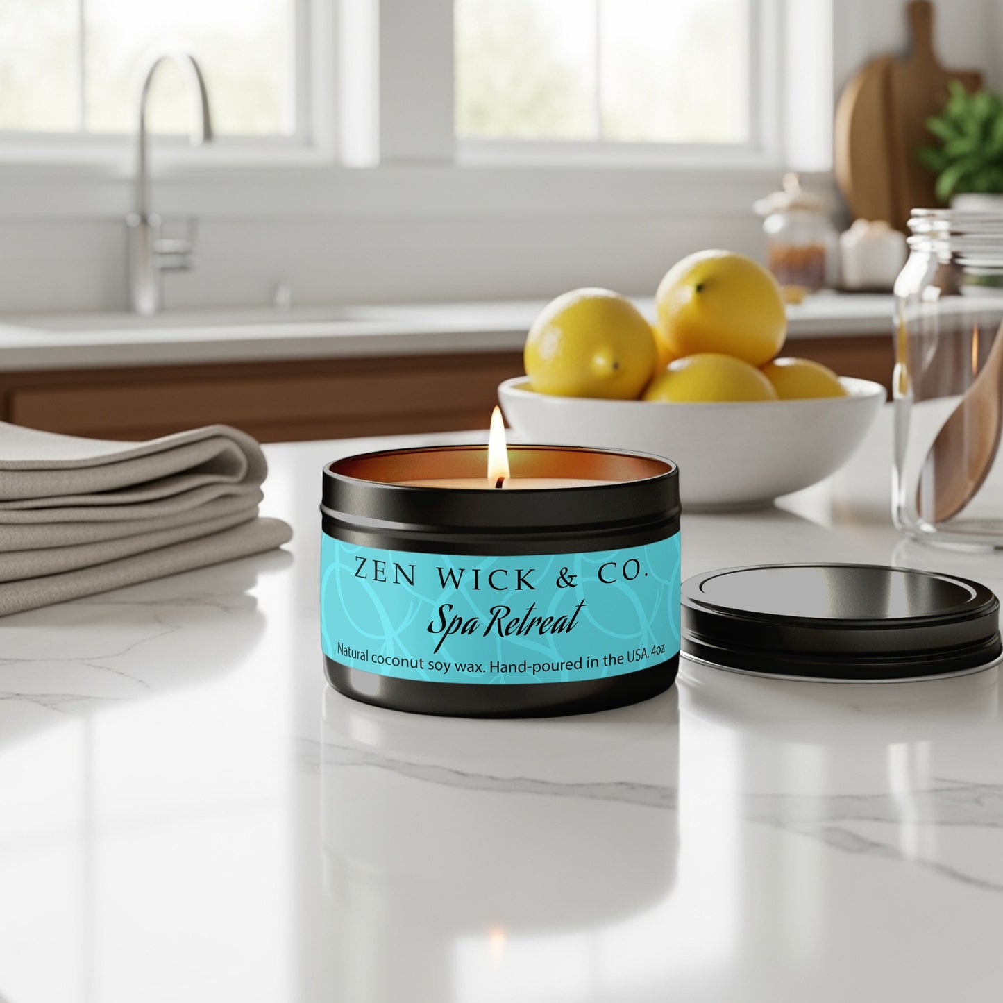 Spa retreat scented tin candle 4oz placed on kitchen countertop bringing a light refreshing aroma to the room.